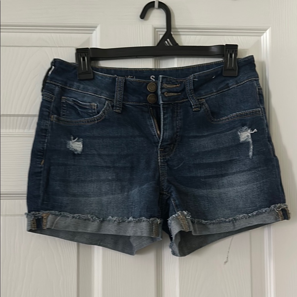 Blue Jean Shorts with Distressed Look and Cuffed Hems